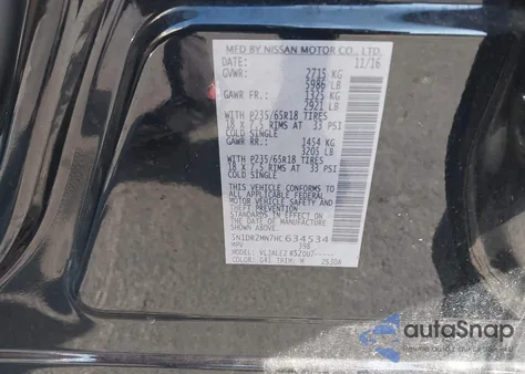 2017 Nissan Pathfinder Sv z USA, uszkodzony, nr VIN 5N1DR2MN7HC634534